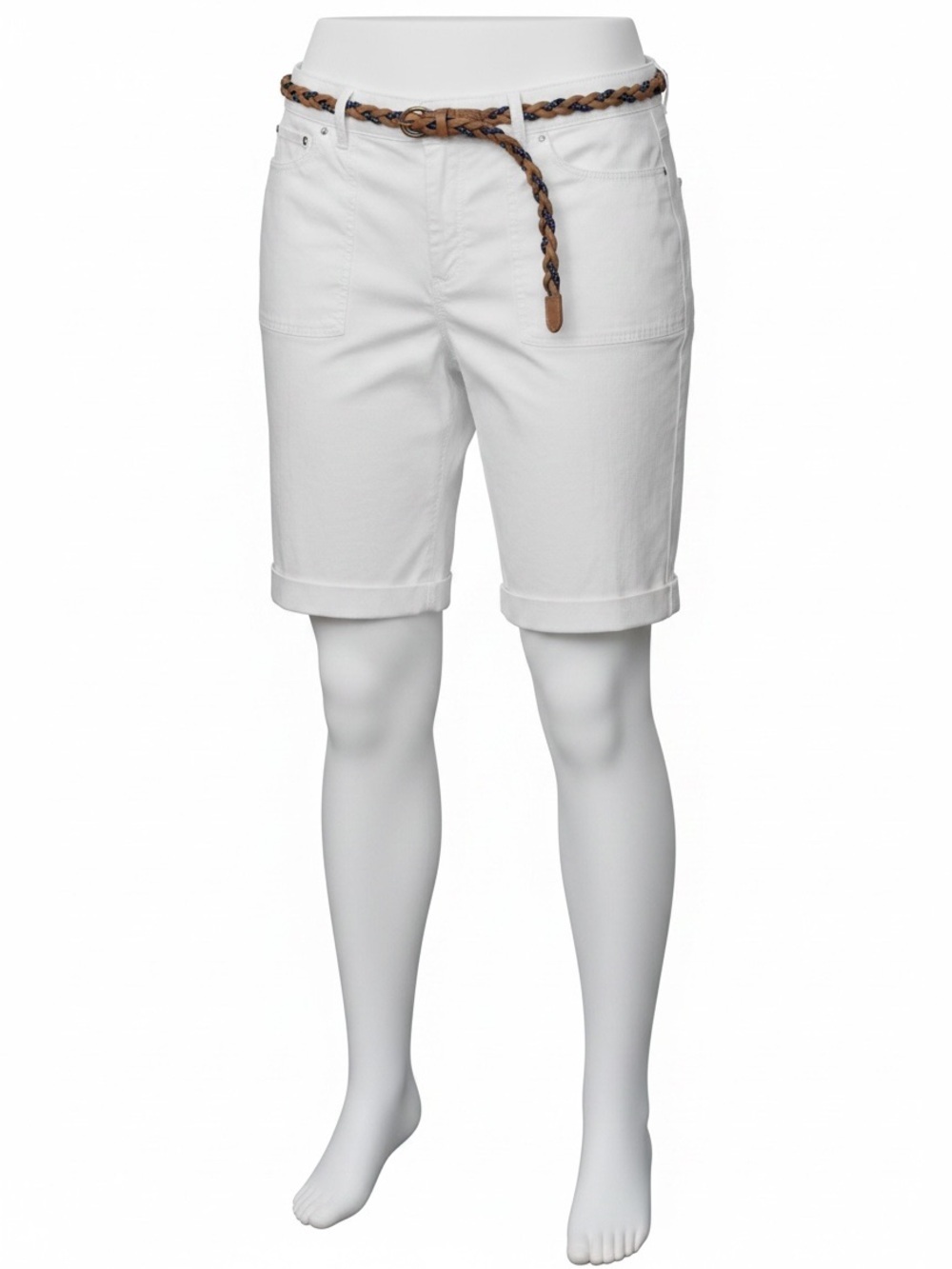 GLORIA VANDERBILT Bermuda Shorts Utility Style, Brown Braided Belt White Size 16